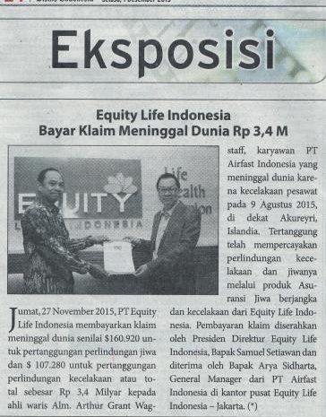  Equity Life Indonesia Bayar Klaim Meninggal Dunia Rp3,4 M